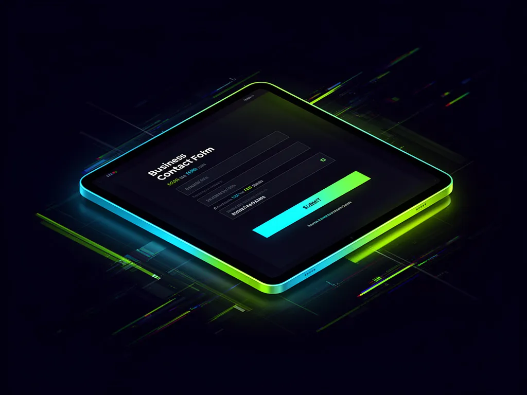 Business contact form displayed on an isometric tablet with neon accents and geometric design elements