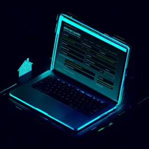 Isometric laptop displaying roofing quote form on dark background with neon accents and small roof icon beside it