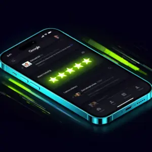 Contractor google reviews star ratings on smartphone with neon lighting shows credibility to potential customers