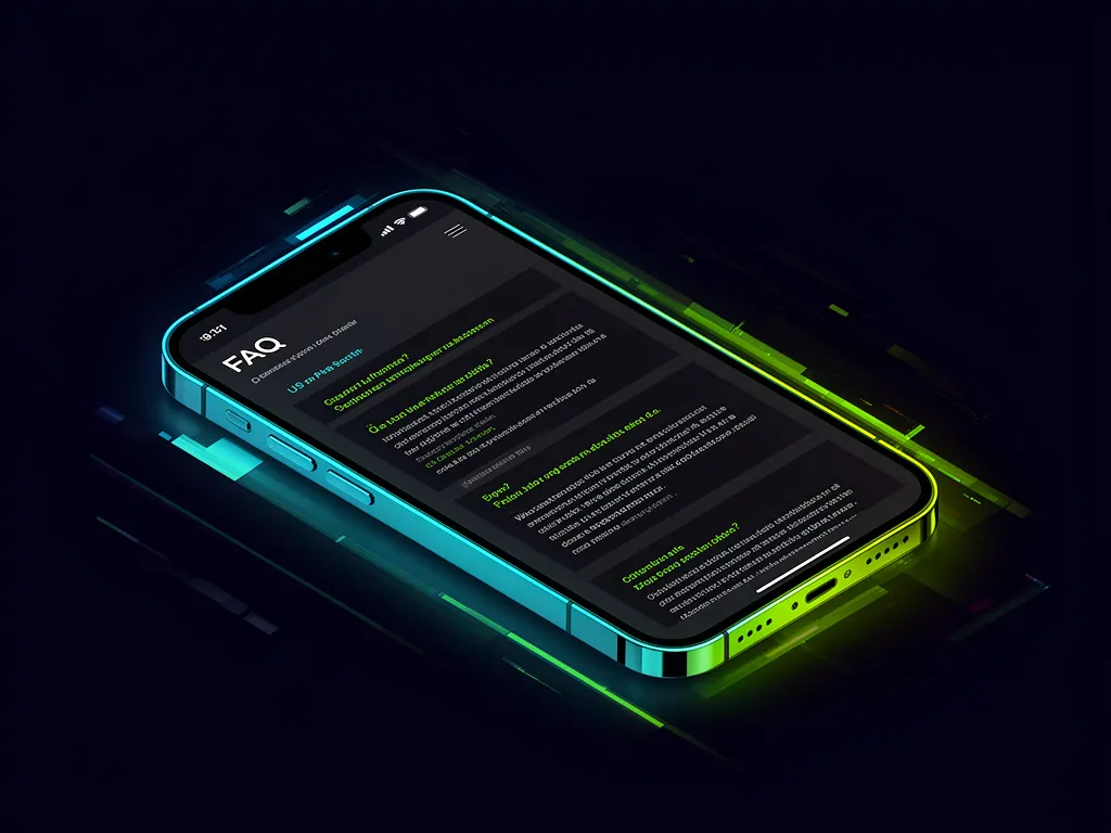Contractor faq page displayed on an isometric smartphone with neon accents and clean layout design