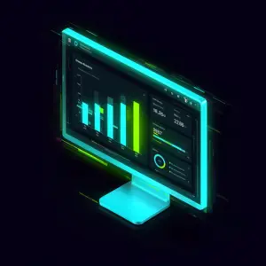 Google Analytics contractor website dashboard showing performance metrics and traffic sources on dark monitor with neon data visualizations