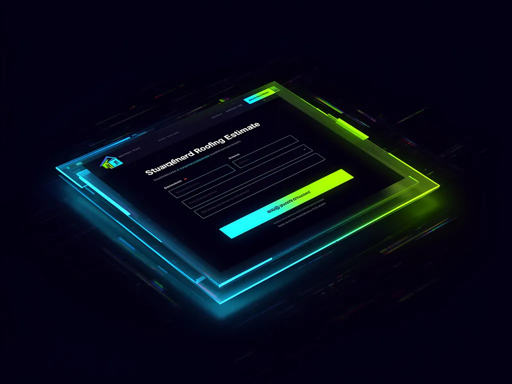 Roofing leads website featuring a dark interface with estimate form and neon accents for capturing customer inquiries