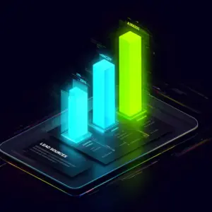 Bar chart visualization for track lead sources showing lead generation channel performance with neon highlighted bars on dark background.