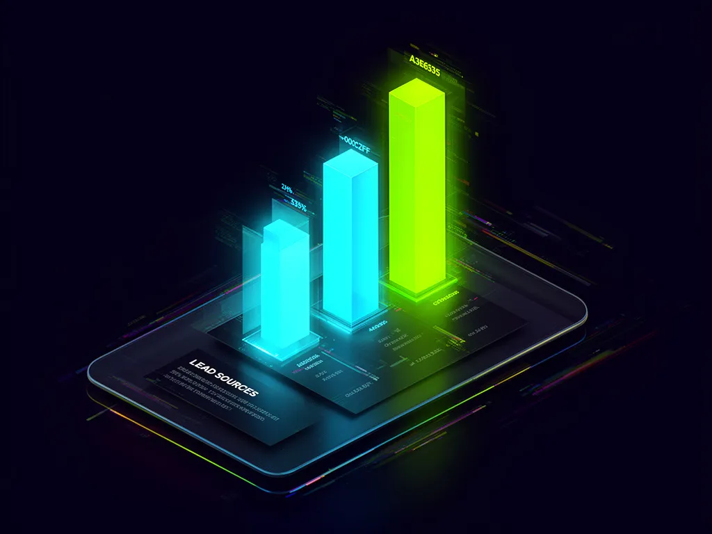 Bar chart visualization for track lead sources showing lead generation channel performance with neon highlighted bars on dark background.