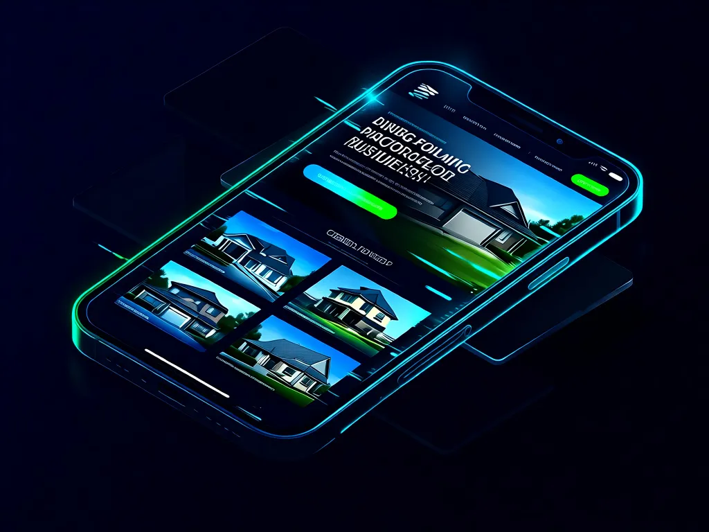 Roofing business website displayed on a futuristic smartphone with neon design elements showing call-to-action and photo gallery