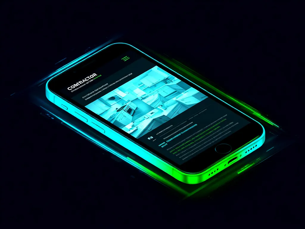 Retargeting pixel notification on contractor website displayed on smartphone with kitchen remodel photos, dark background with neon accents