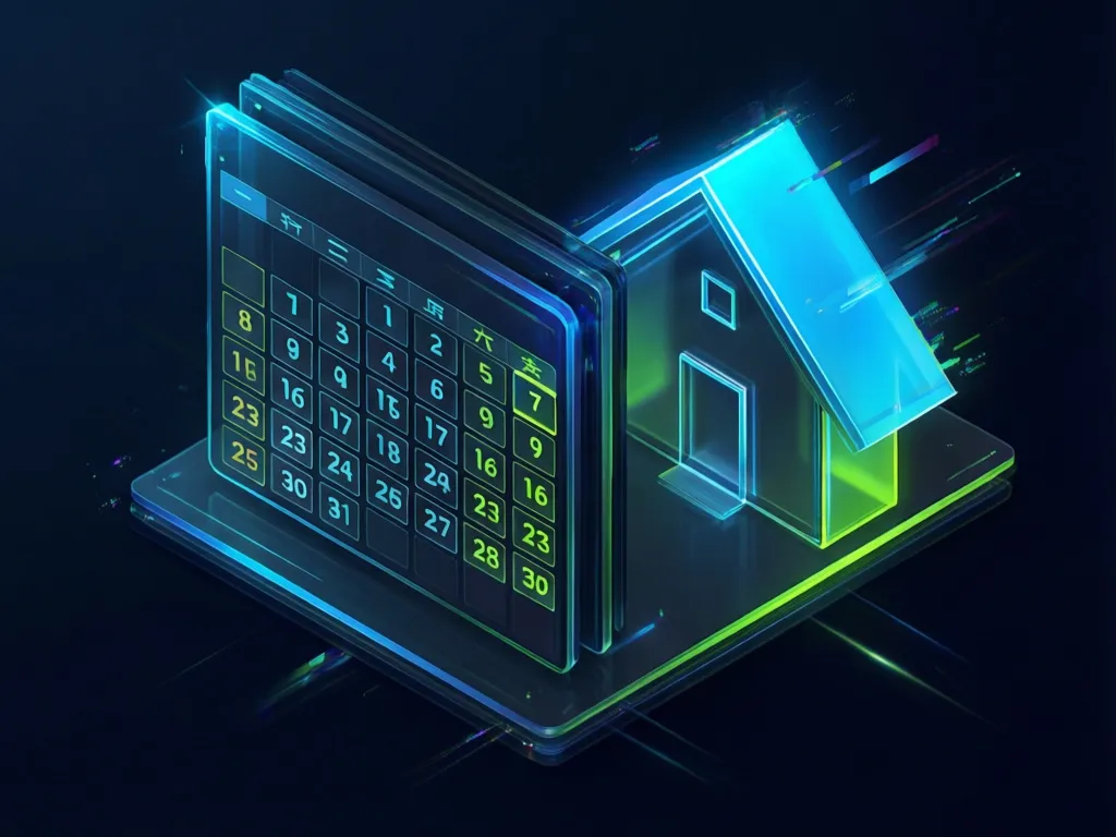 Roofing website booking calendar interface showing date selection grid next to house icon with triangular roofline in neon cyan and green colors