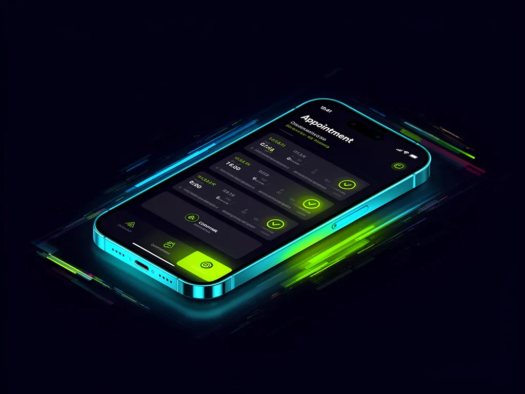Contractor appointment scheduling interface on smartphone showing time slots and confirmation options with dark background