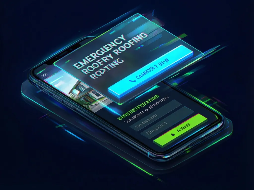 Emergency roofing page on smartphone with call button and urgent contact form displayed in isometric view with neon accents