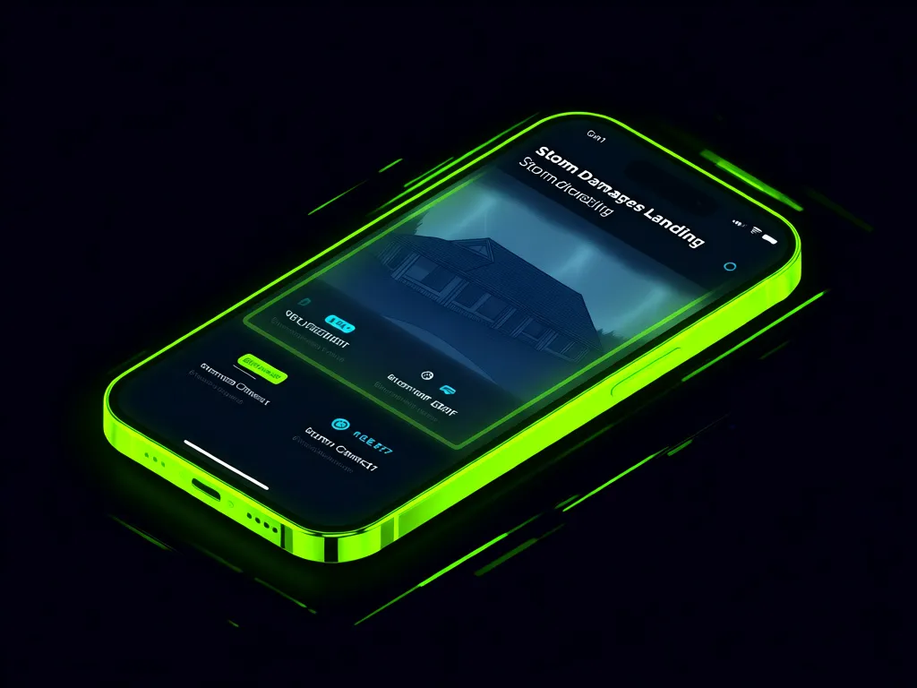 Isometric smartphone showing storm damage landing page with emergency roof repair contact features and roof imagery on dark background