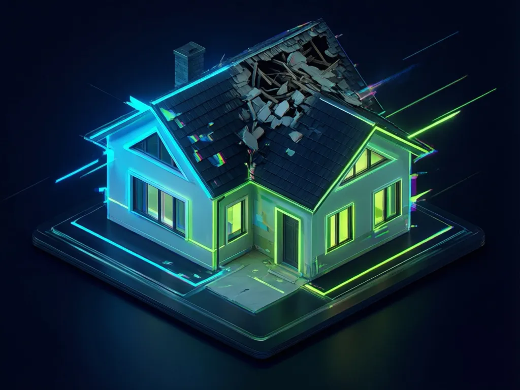 Roofing insurance claims house illustration with damaged roof and neon glitch art style representing storm damage lead generation.