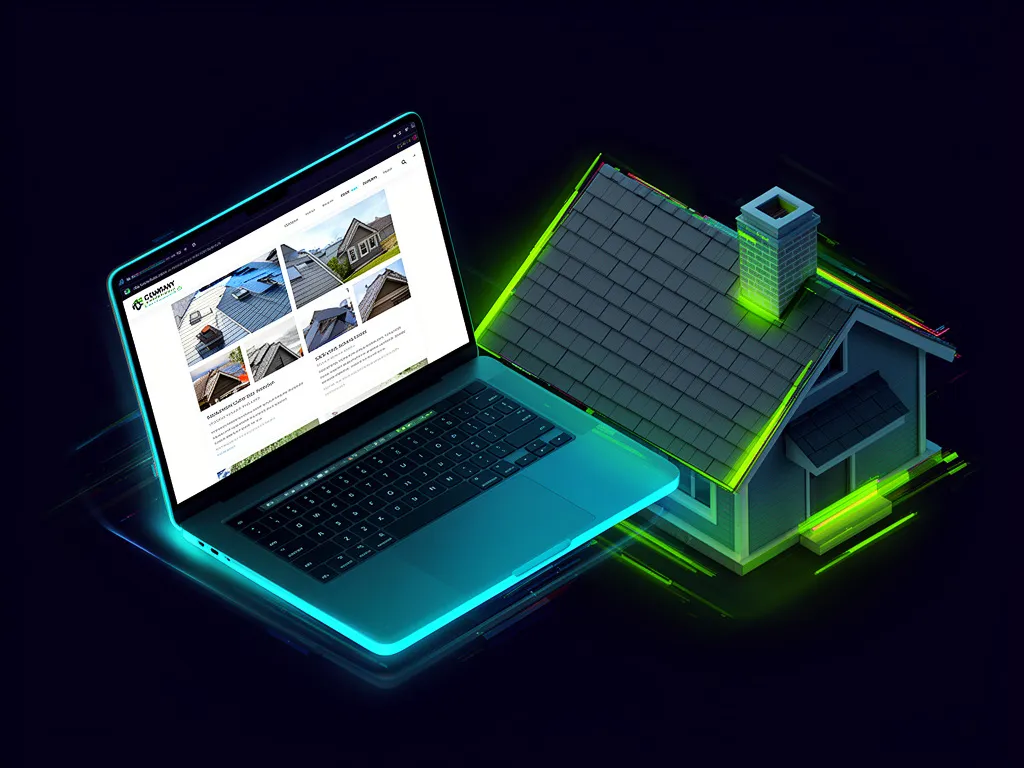 Roofing website content displayed on laptop beside residential roof model with angular shingles and chimney in isometric illustration
